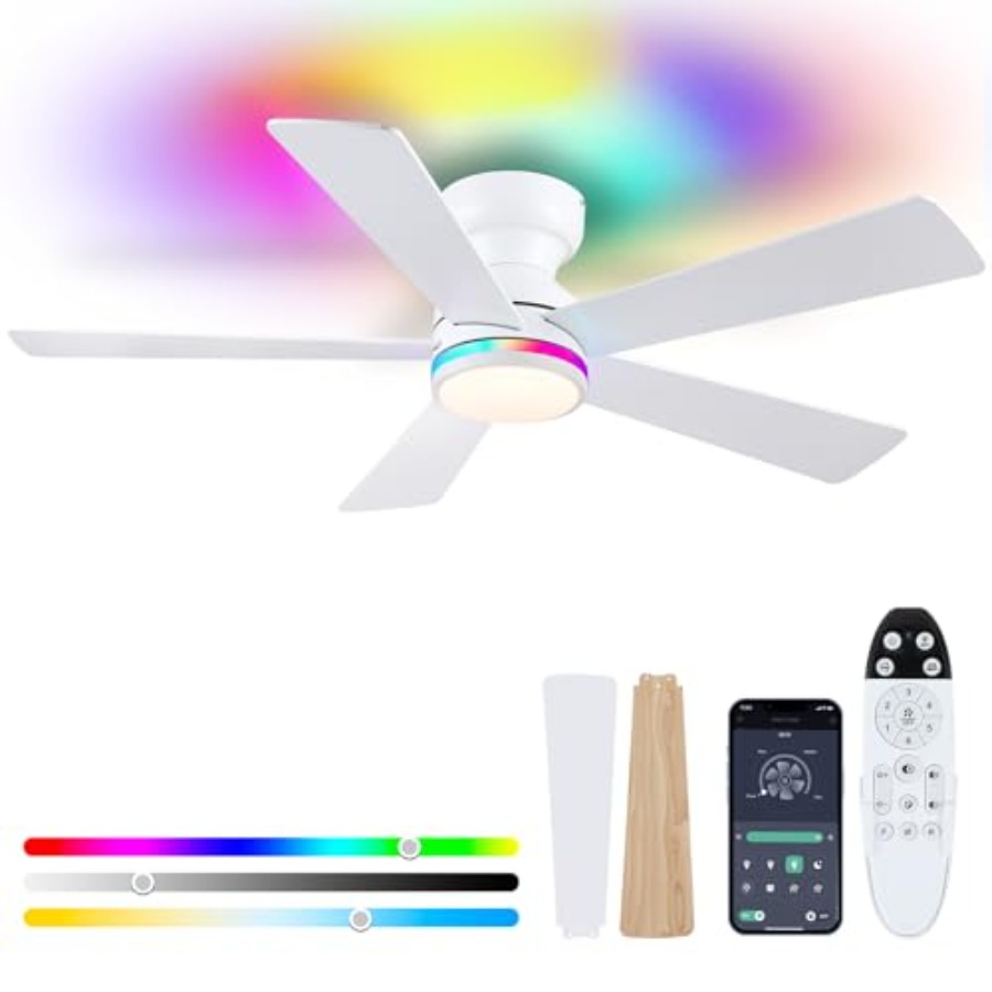 Ceiling Fan Low Profile Flush Mount - White RGB ceiling fan with light