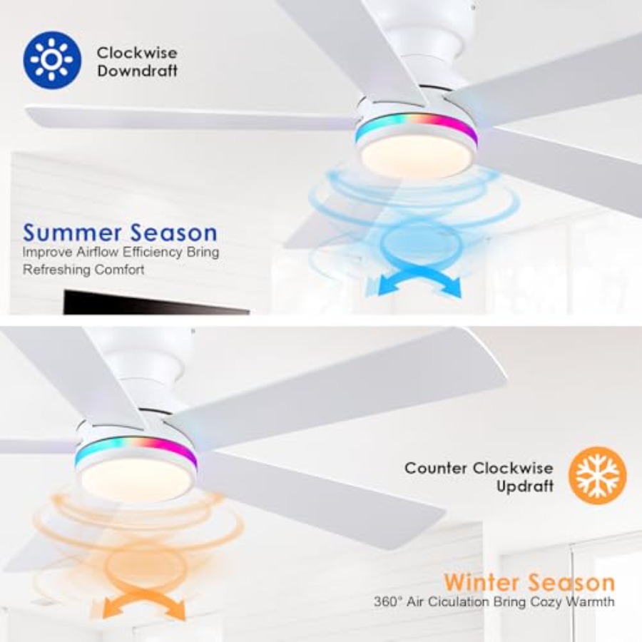 White RGB ceiling fan with lig - Ceiling Fan Low Profile Flush Mount 评论和价格